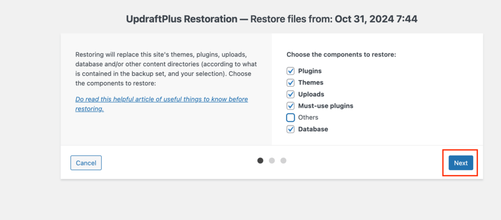 Selecting components to restore